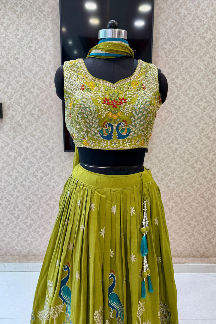 Mehendi Green Zari, Zardozi, Mirror, Stone and Multicolor Embroidery work Crop Top Lehenga