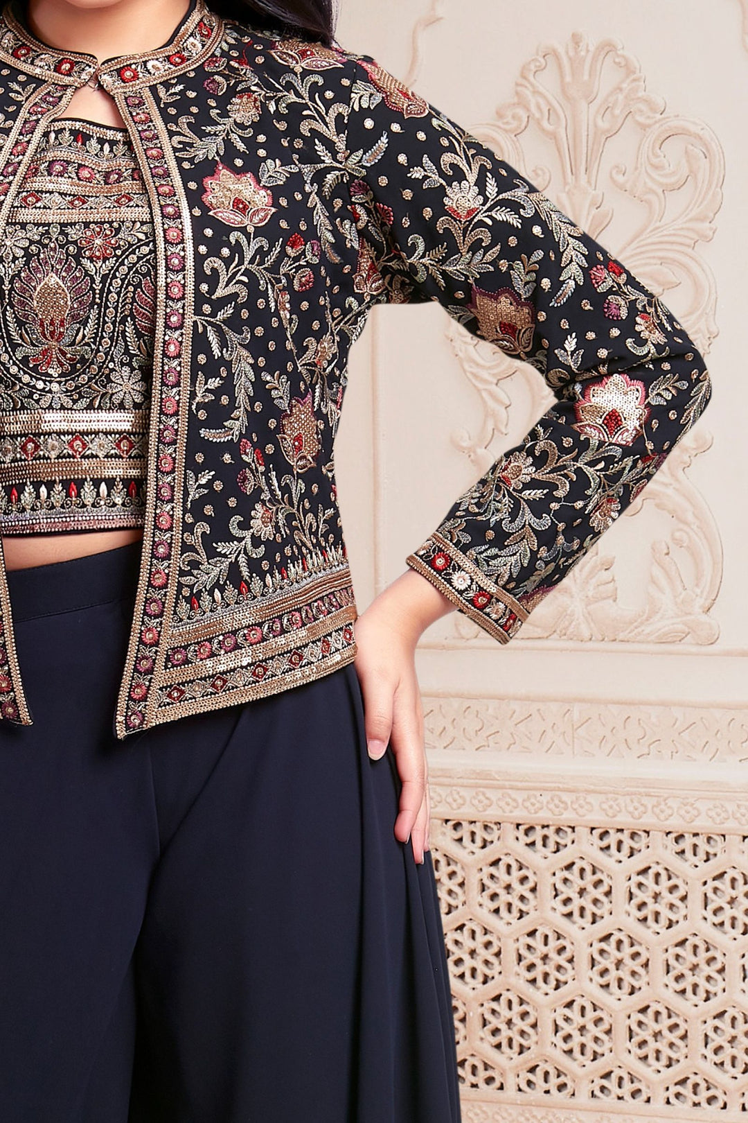 Navy Blue Multicolor Embroidery, Sequins and Zari work Jacket Styled Palazzo Set for Girls
