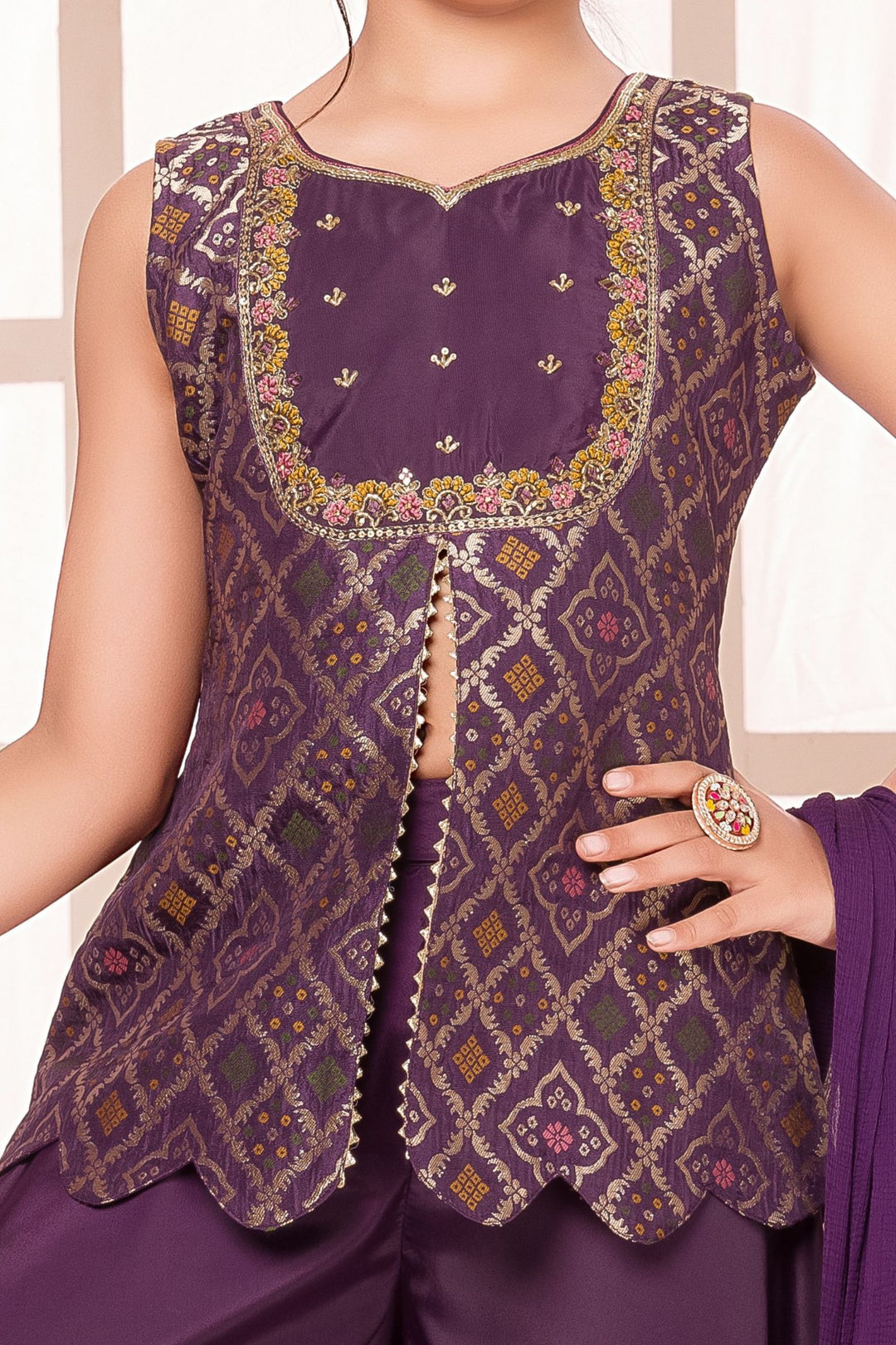 Purple Banaras Zari, Mirror and Beads work Palazzo Suit Set for Girls