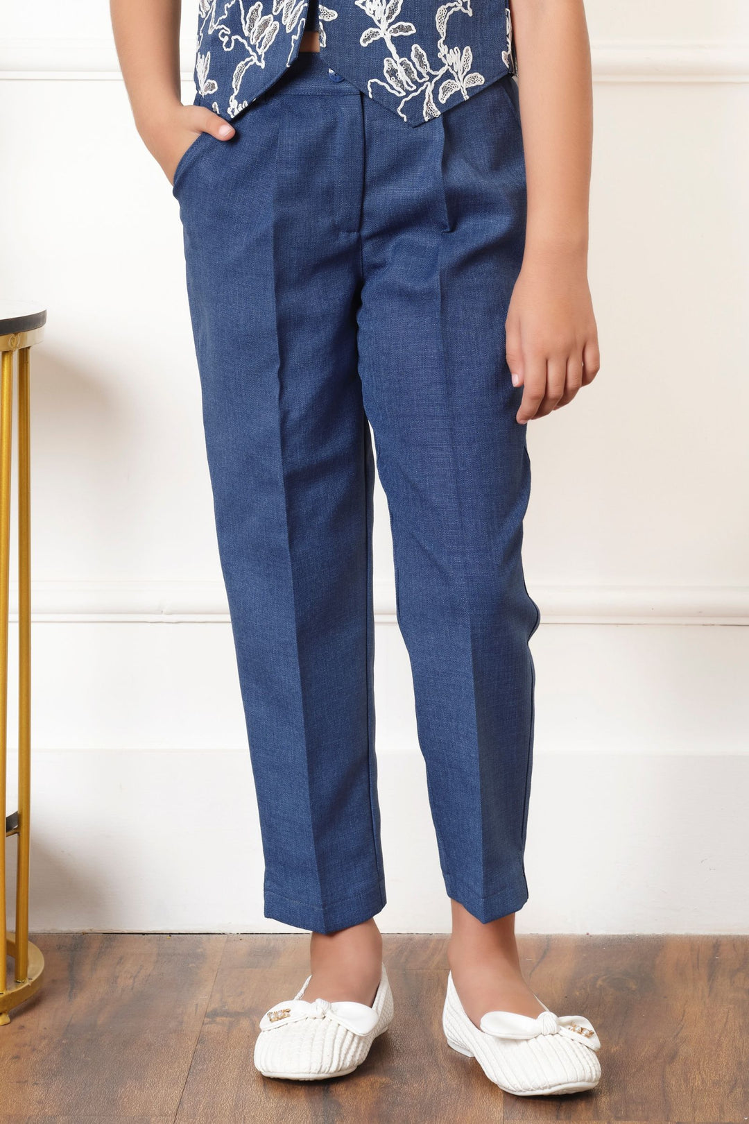 Dark Blue Thread and Sequins work Overcoat Styled Co-ord Set for Girls