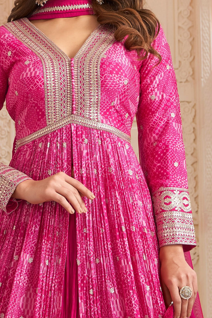 Pink Sequins and Zari work with Digital Print Mastani Styled Long Top Lehenga