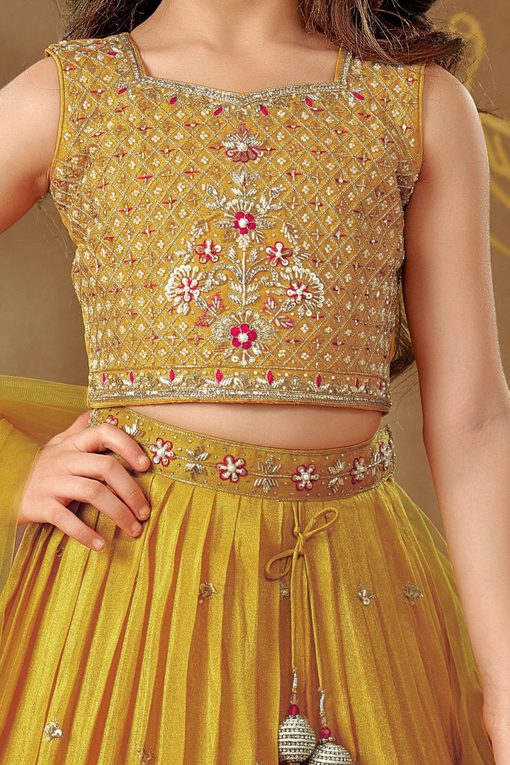 Yellow Beads, Zari, Sequins, Stone and Thread work Lehenga Choli for Girls