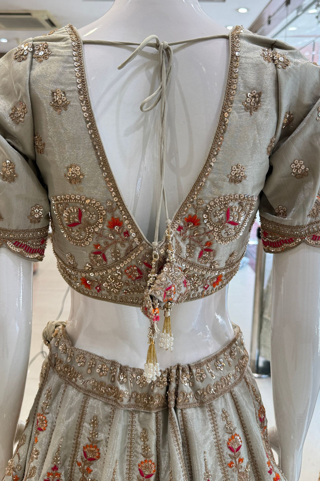 Light Grey Zari, Beads, Sequins and Multicolor Embroidery work Crop Top Designer Bridal Lehenga