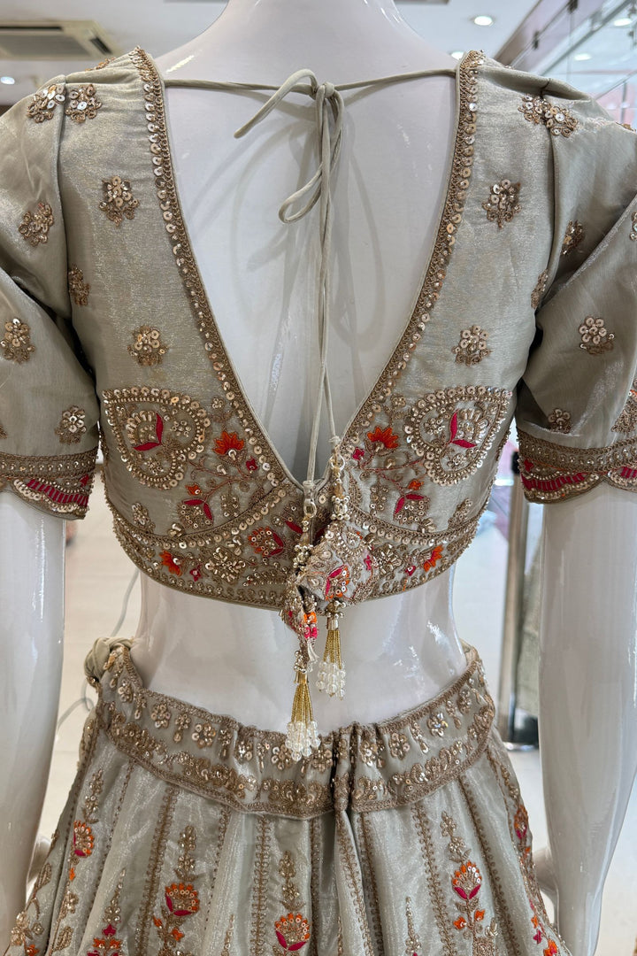 Light Grey Zari, Beads, Sequins and Multicolor Embroidery work Crop Top Designer Bridal Lehenga