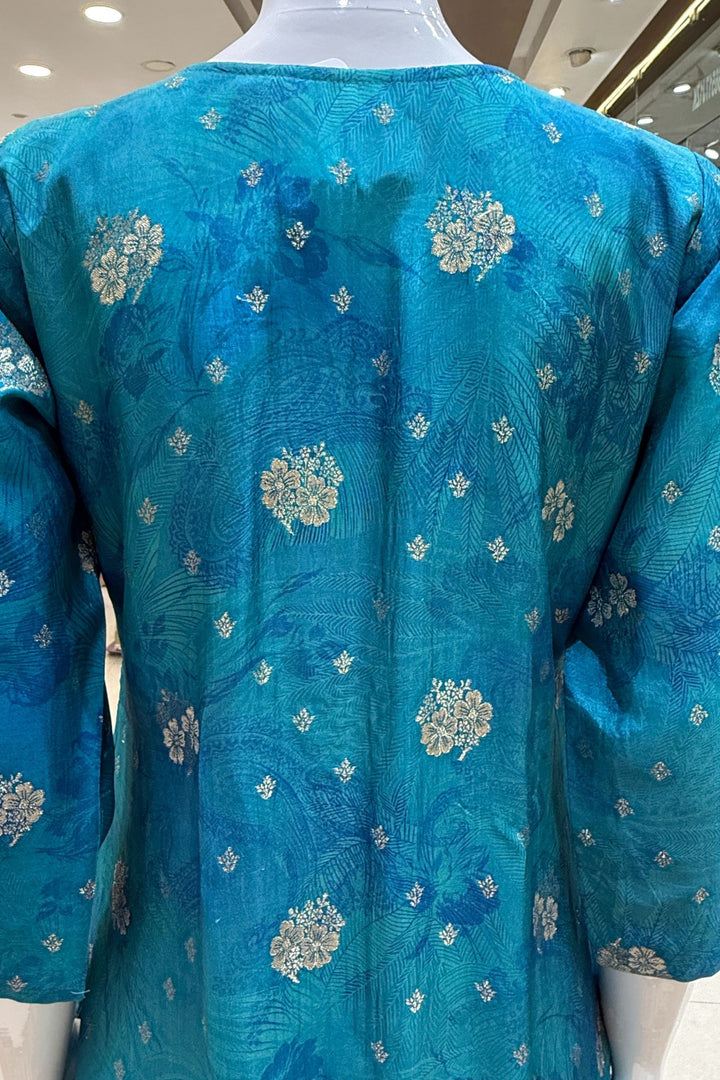 Rama Blue Mirror, Zardozi, Zari and Banaras work with Digital Print Straight Cut Salwar Suit