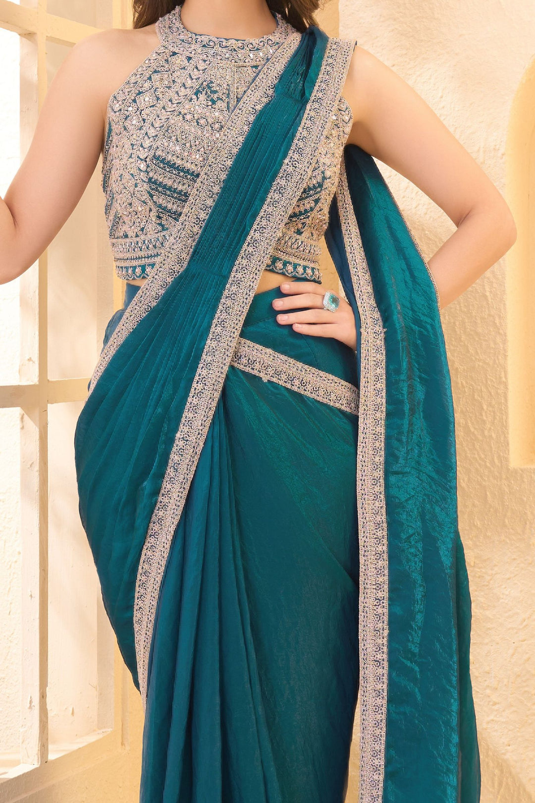 Rama Blue Readymade Saree with Pearl, Zari, Mirror and Stone work Readymade Blouse