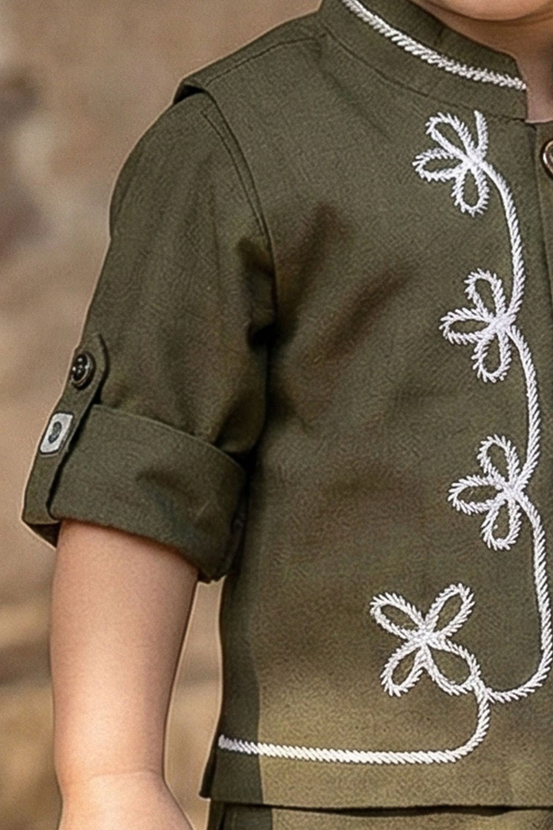 Olive Green Thread work Waist Coat Kurta Set for Boys