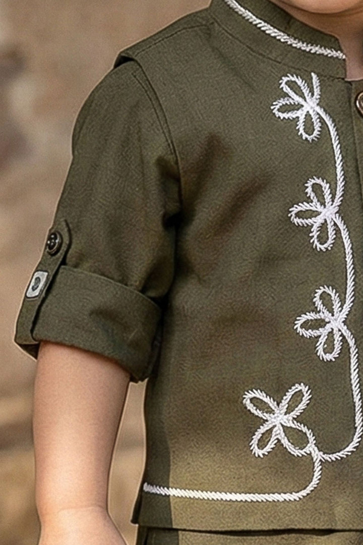 Olive Green Thread work Waist Coat Kurta Set for Boys