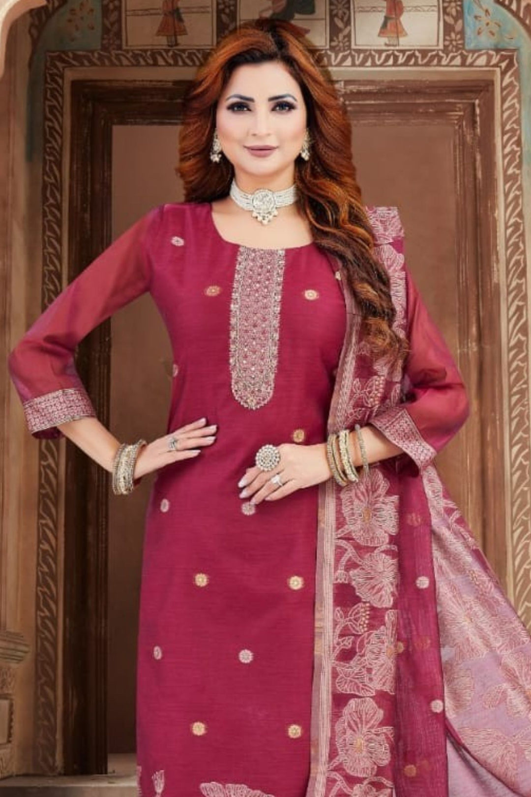 Magenta Zardozi, Sequins, Beads and Banaras work Straight Cut Salwar Suit