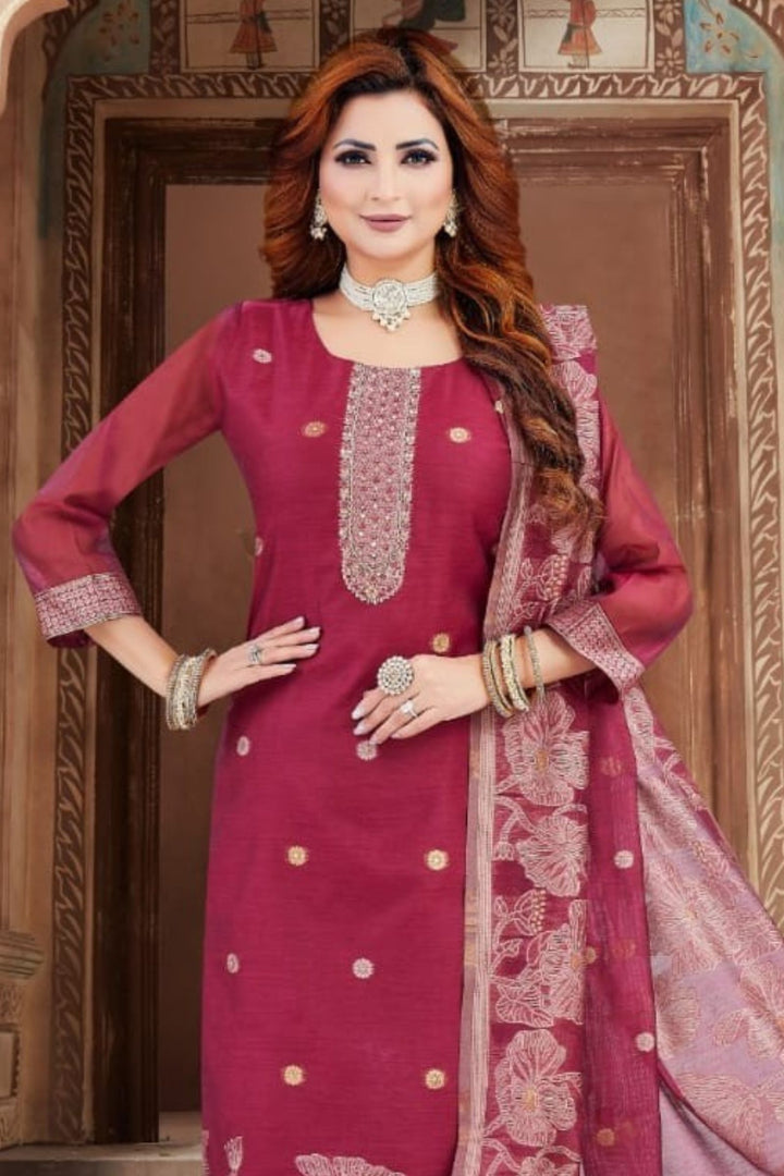 Magenta Zardozi, Sequins, Beads and Banaras work Straight Cut Salwar Suit