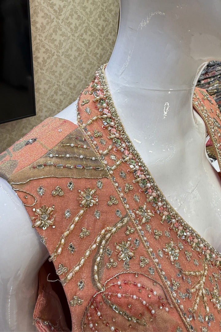 Peach Beads, Mirror and Zardozi work with Digital Print Peplum Style Lehenga
