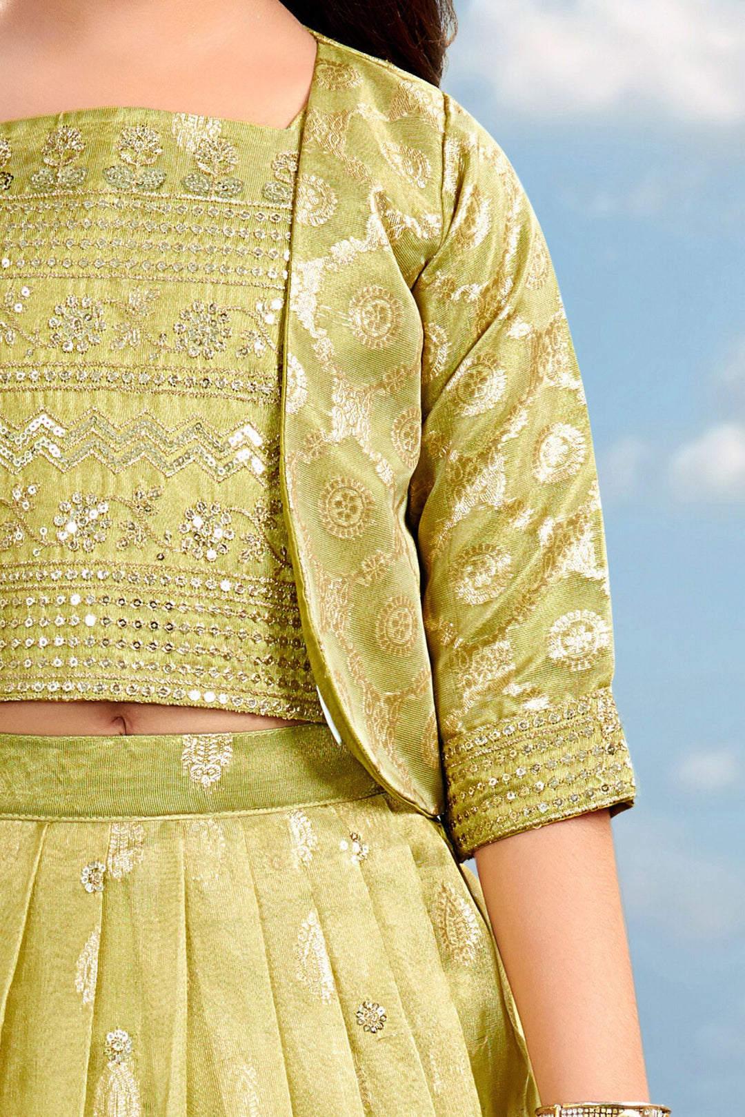 Lemon Yellow Sequins and Zari work Overcoat Styled Lehenga Choli for Girls