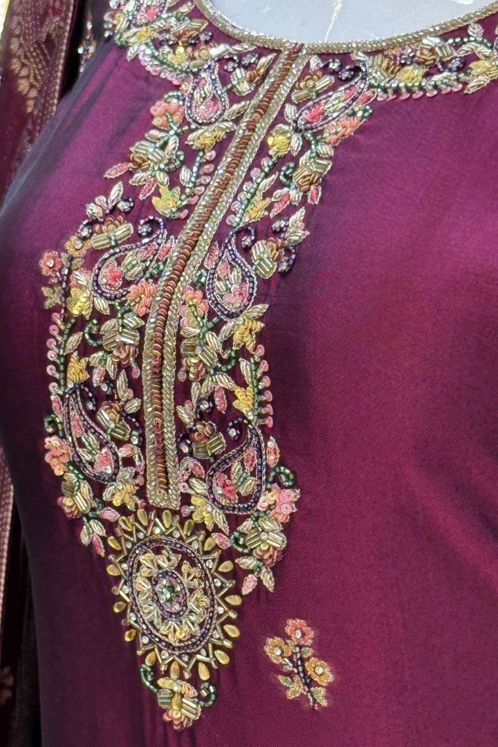 Wine Beads, Sequins, Zari, Stone, Banaras and Jacquard work Straight Cut Salwar Suit