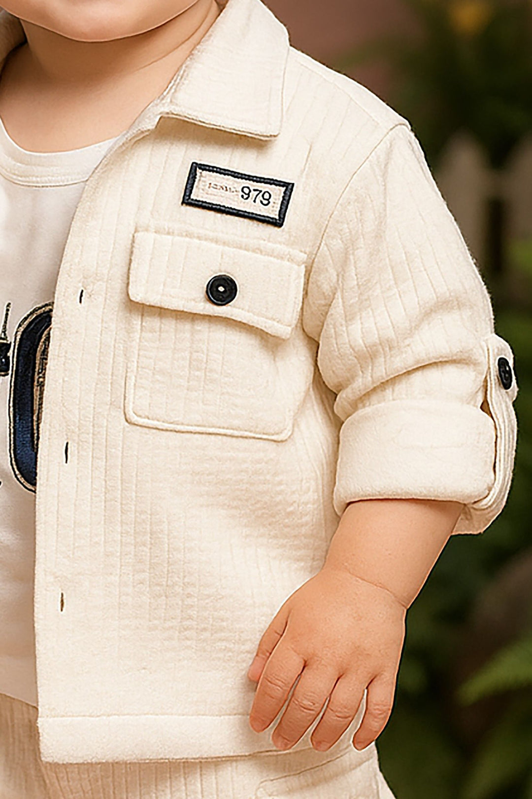 Cream Printed T-Shirt, Blazer and Pant Set for Boys