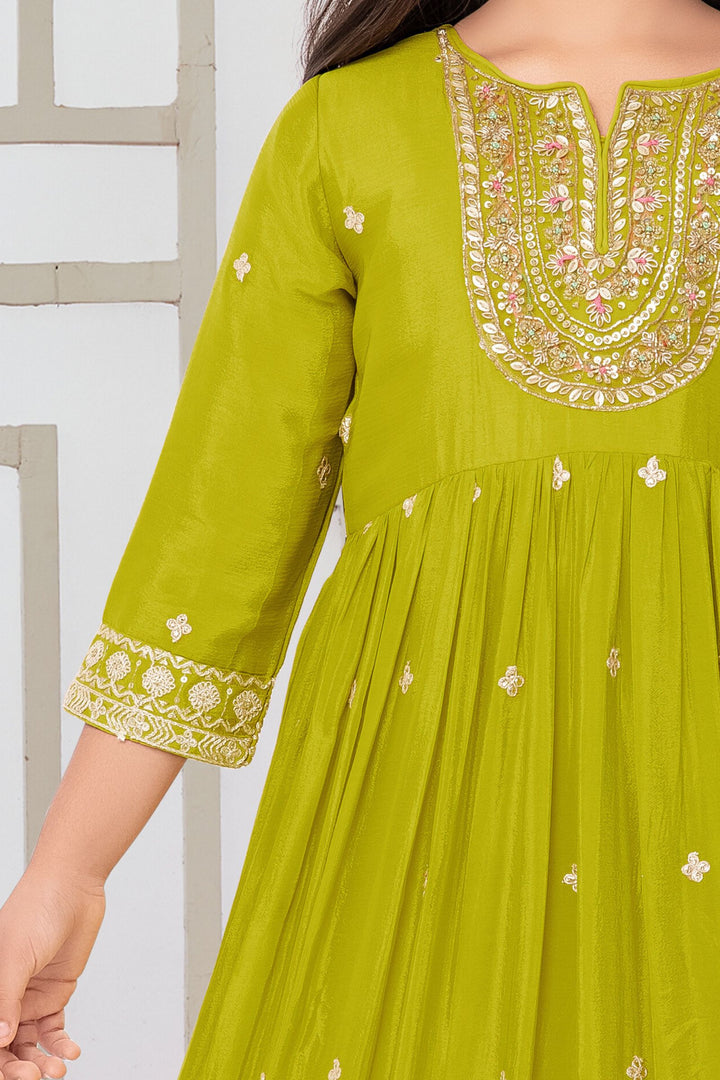 Green Sequins, Zari, Zardozi, Beads and Thread work Anarkali Style Salwar Suit for Girls