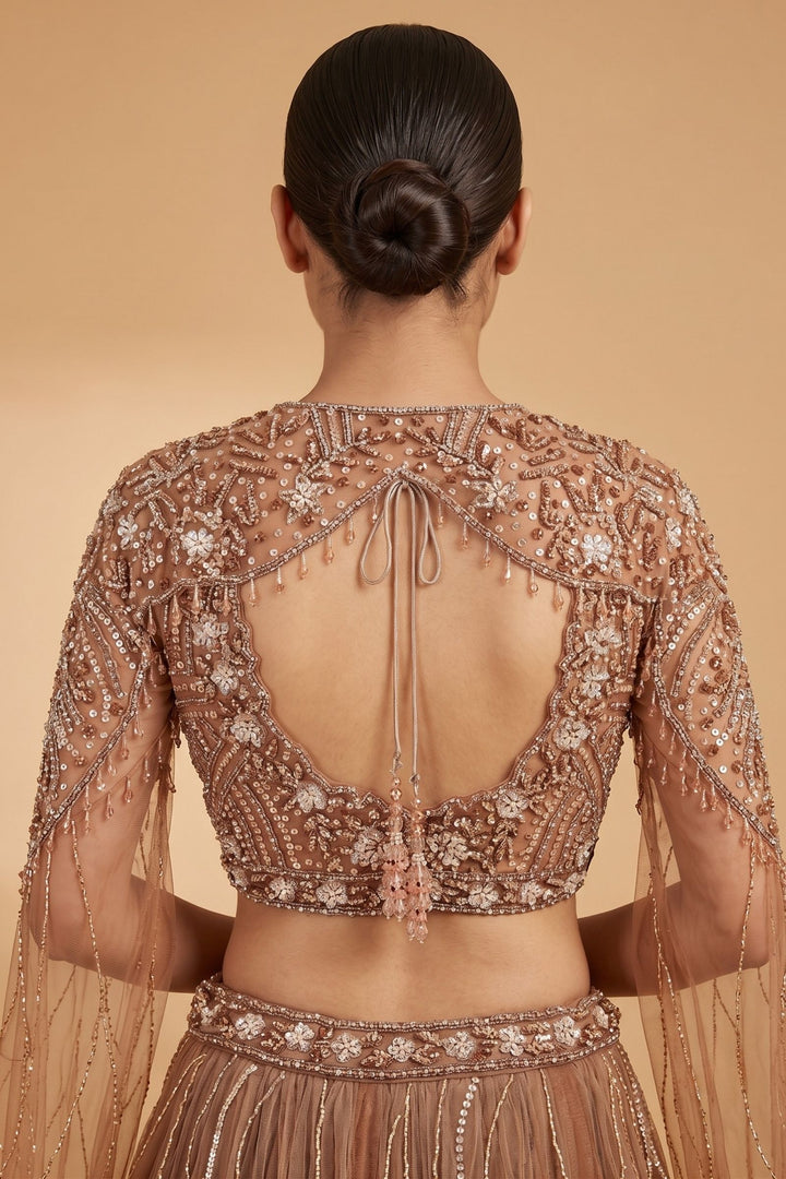 Designer Copper Brown Lehenga with Intricate Beads, Stone and Sequins work