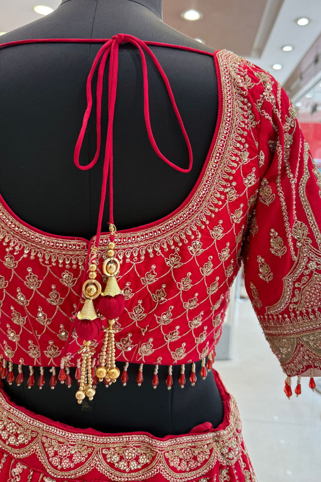 Red Zardozi, Sequins, Beads, Pearl, Thread and Zari work Crop Top Designer Bridal Lehenga