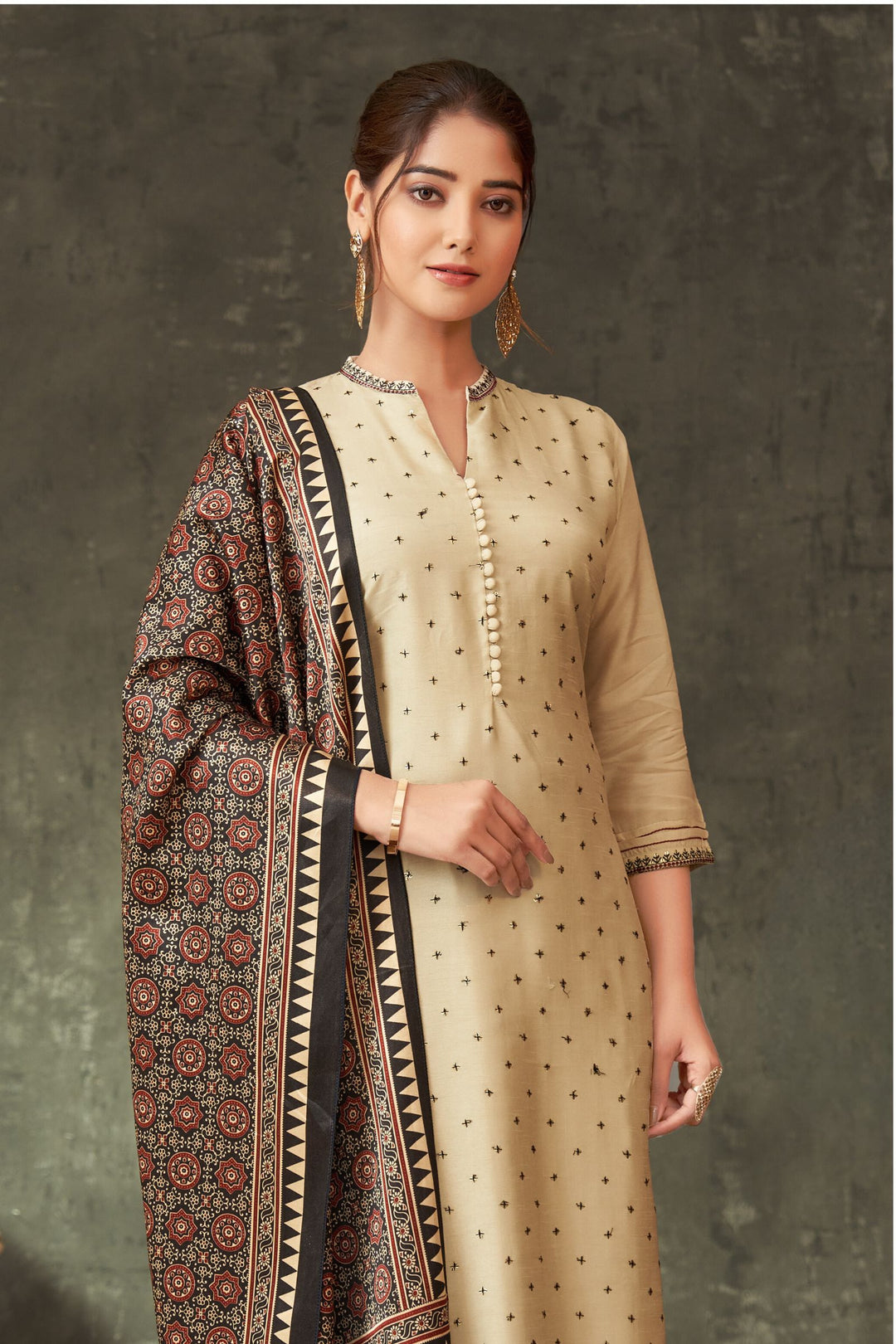 Beige Sequins and Thread work Straight Cut Salwar Suit with Kalamkari Print Dupatta