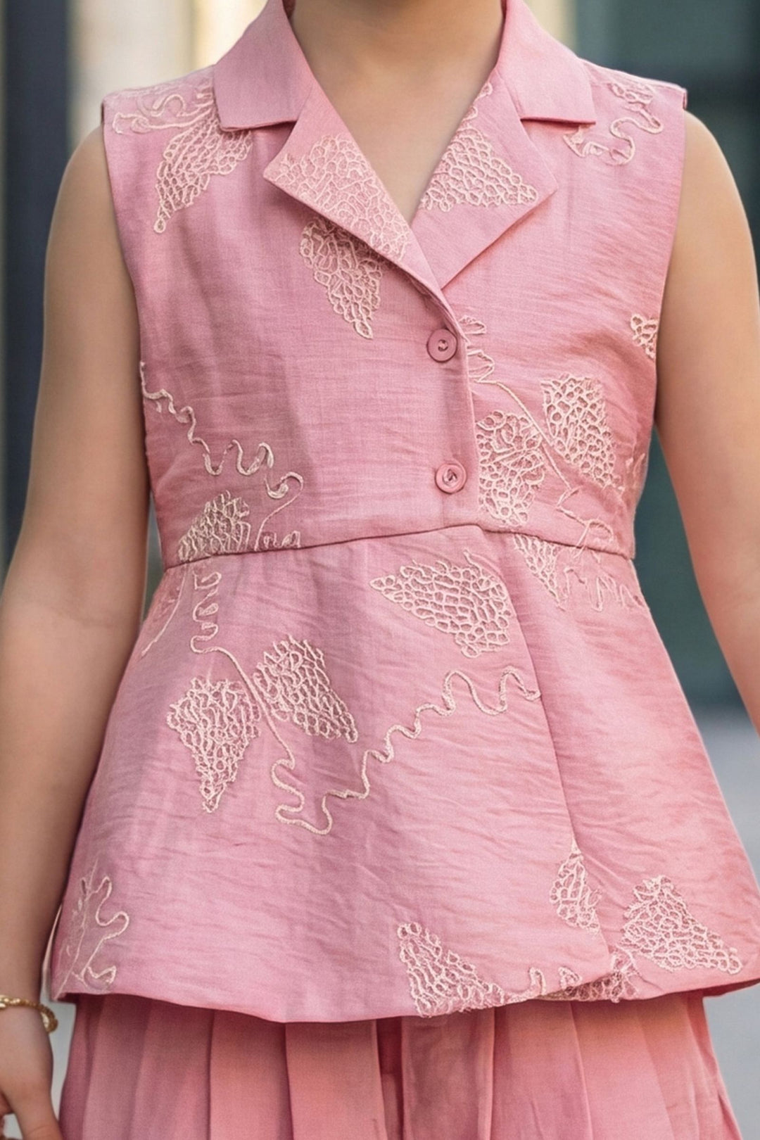 Pink Thread work Dhoti Style Peplum Top for Girls