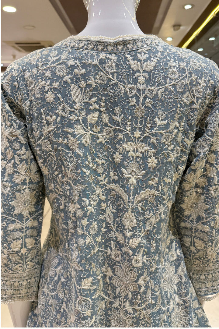 Firozi Blue Chikankari, Sequins and Zari work Palazzo Suit Set