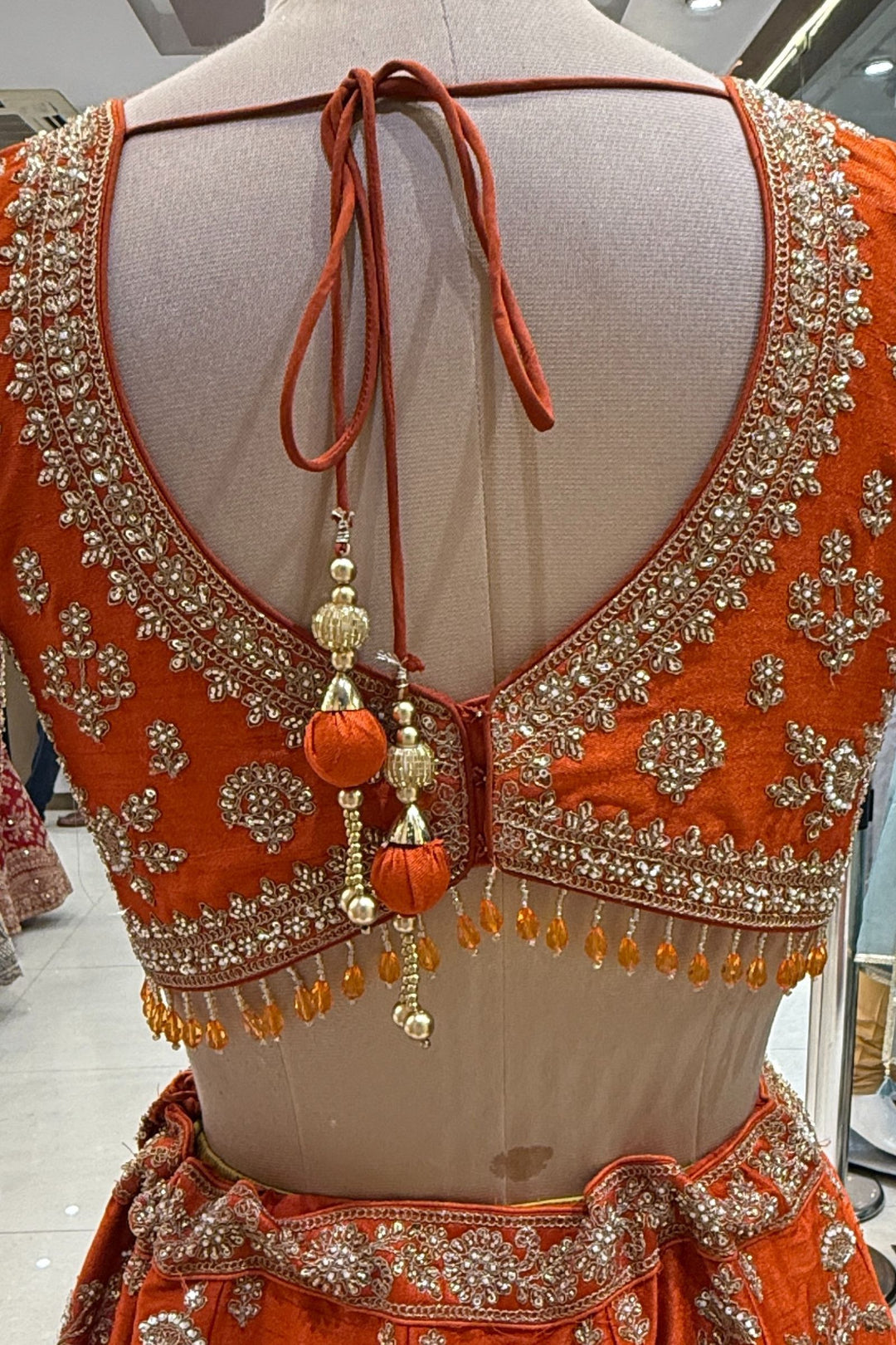 Orange Beads, Zari, Zardozi and Sequins work Crop Top Designer Bridal Lehenga with Belt