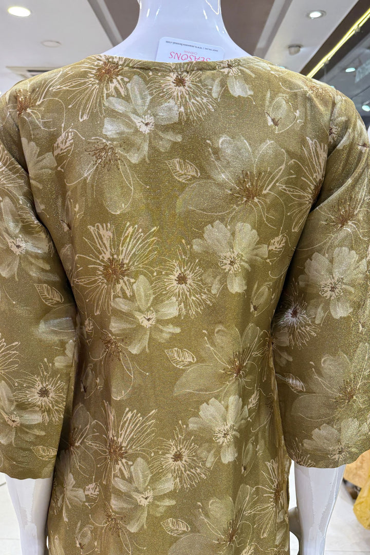 Olive Green Mirror, Zardozi and Banaras work with Floral Print Straight Cut Salwar Suit