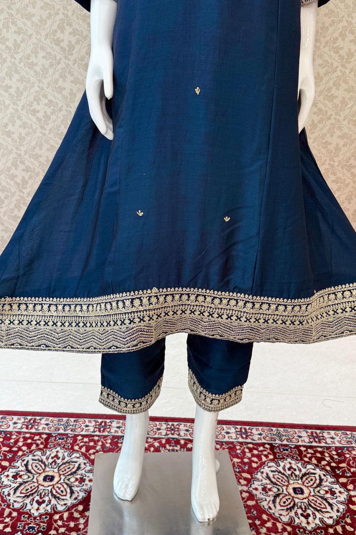 Peacock Blue Zardozi, Beads, Sequins, Thread and Zari work Aline Cut Salwar Suit