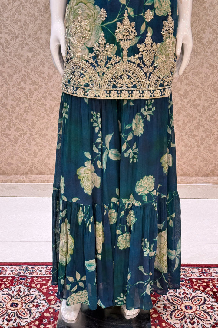 Peacock Blue Sequins and Zari work with Floral Print Sharara Salwar Suit