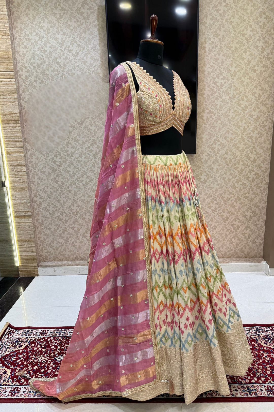 Cream Multicolor Embroidery, Sequins, Zari, Beads and Zardozi work Crop Top Lehenga