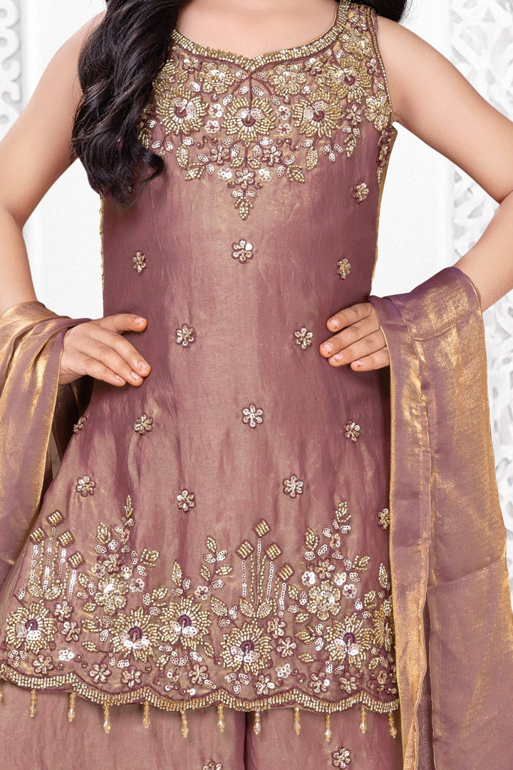 Copper Zari, Beads and Sequins work Palazzo Suit Set for Girls