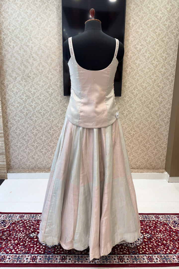 Grey with Peach Beads, Mirror, Stone, Sequins and Thread work Peplum Style Lehenga