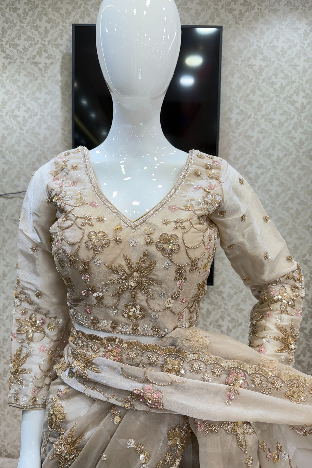 Light Beige Sequins, Beads, Zari and Pearls work Saree