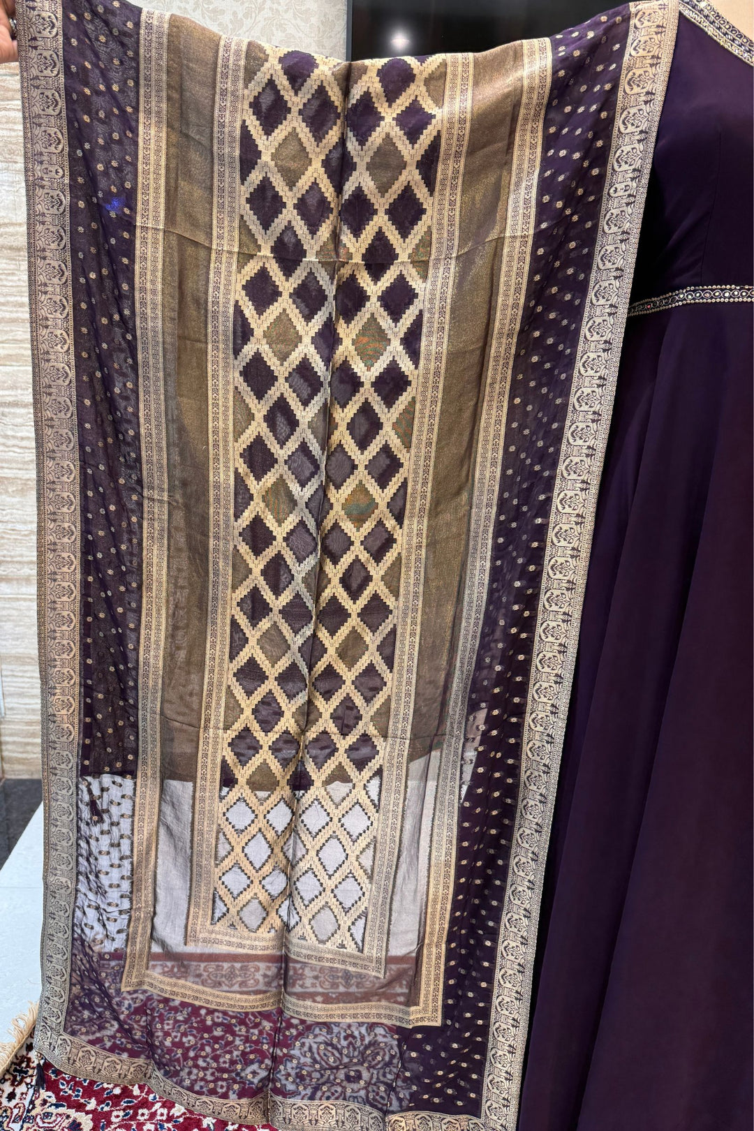 Wine Beads and Sequins work Anarkali Gown with Traditional Banaras work Dupatta