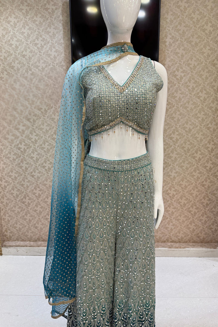 Sea Green with Peacock Green Sequins and Beads work Crop Top with Palazzo Pant