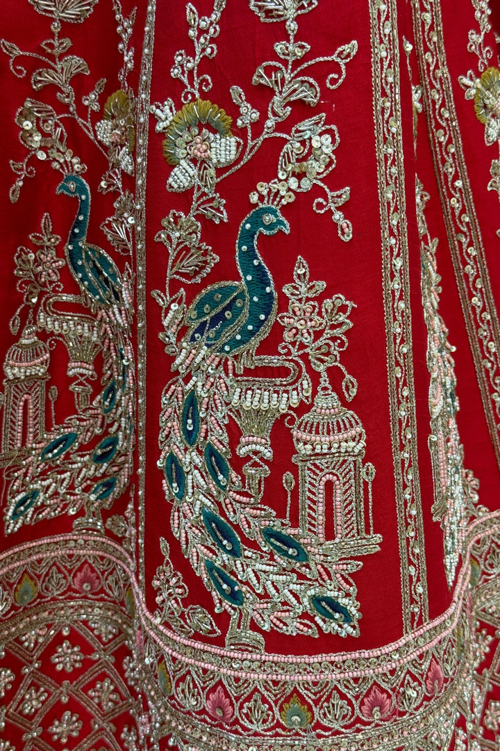 Red Handcrafted Bridal Lehenga with Intricate Zardozi, Sequins, Pearl and Zari Detailing
