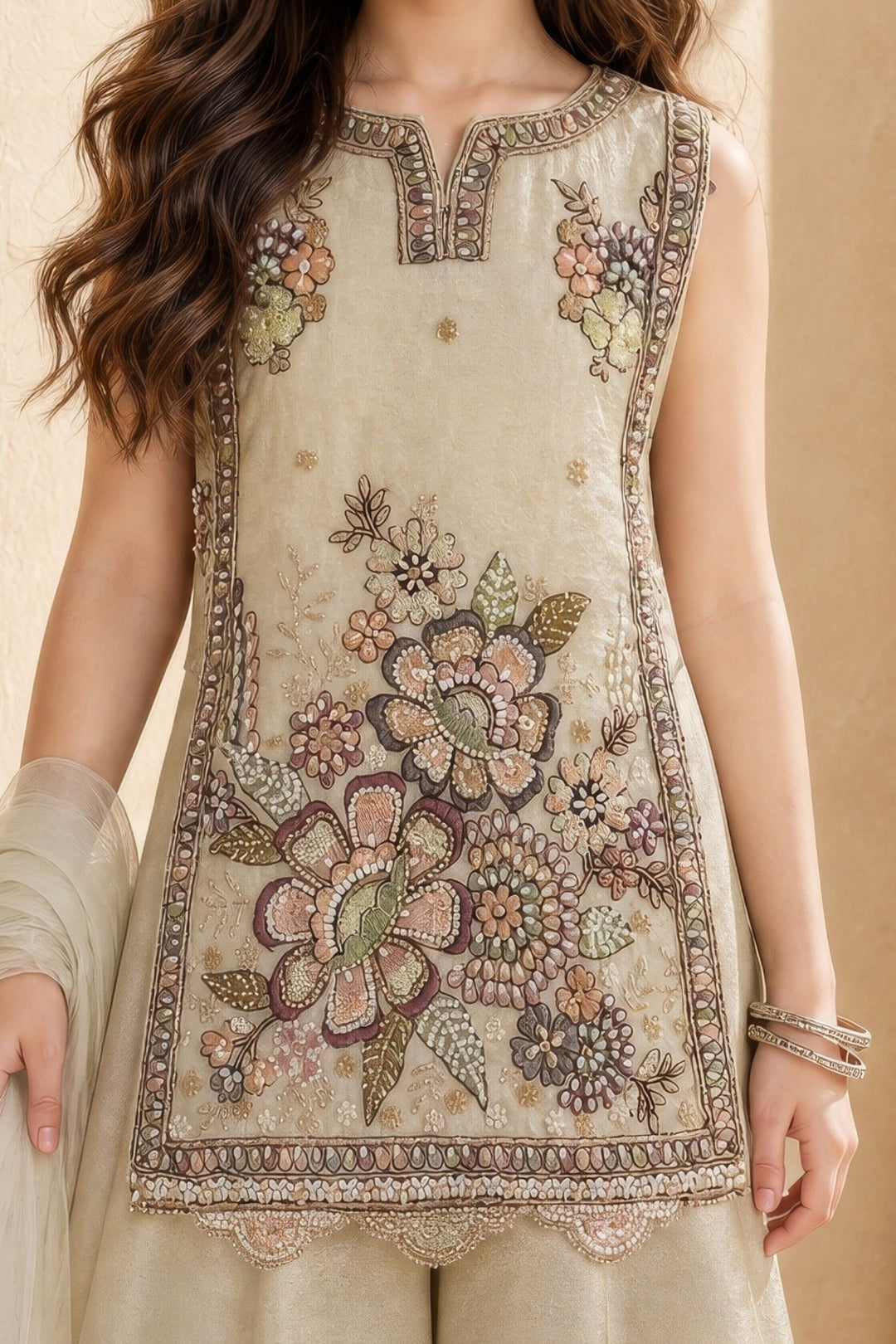 Beige Embroidery, Sequins and Beads work Palazzo Set for Girls