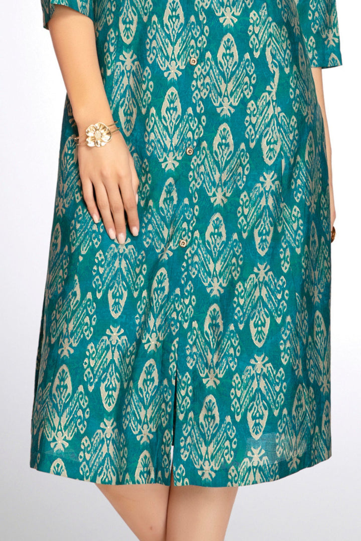 Rama Blue Digital Print A-line Cut Calf Length Kurti