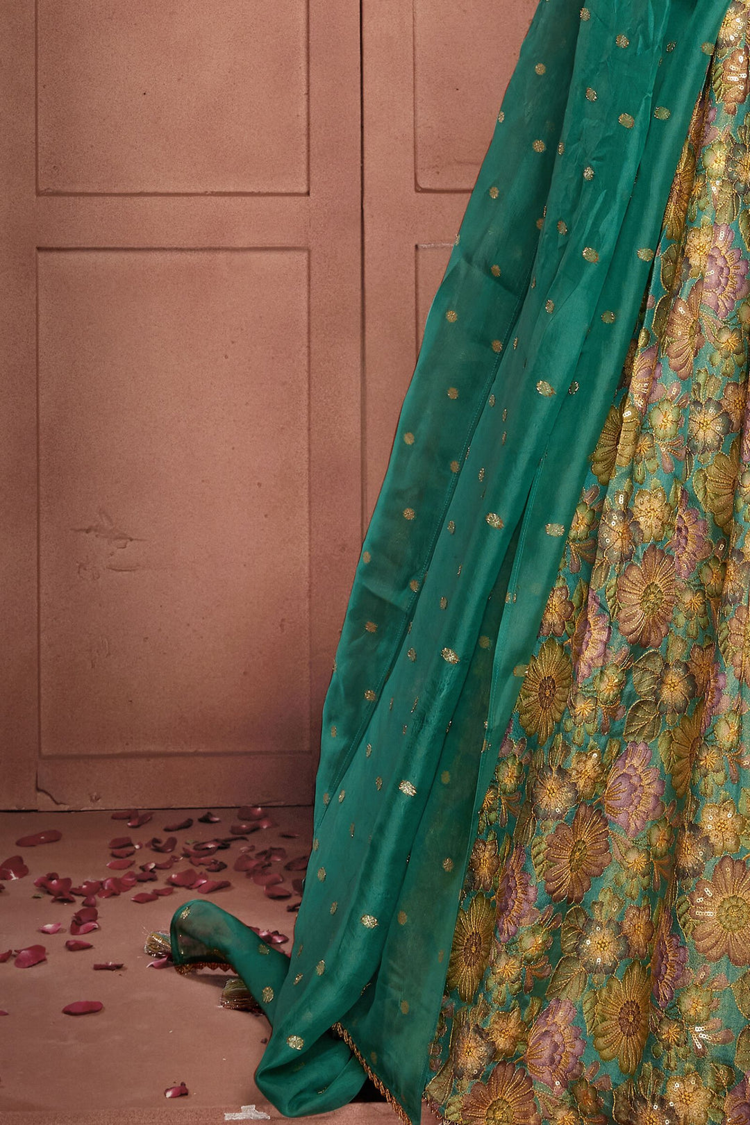 Green Zari, Sequins and Beads work with Floral Print Lehenga Choli for Girls