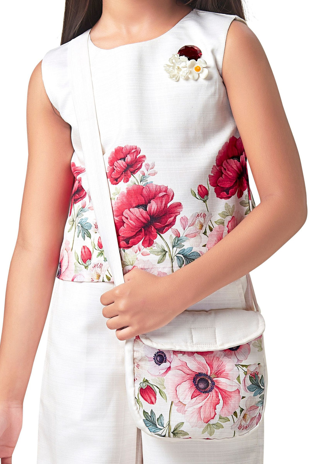 Half White Floral Print Top and Palazzo Set for Girls