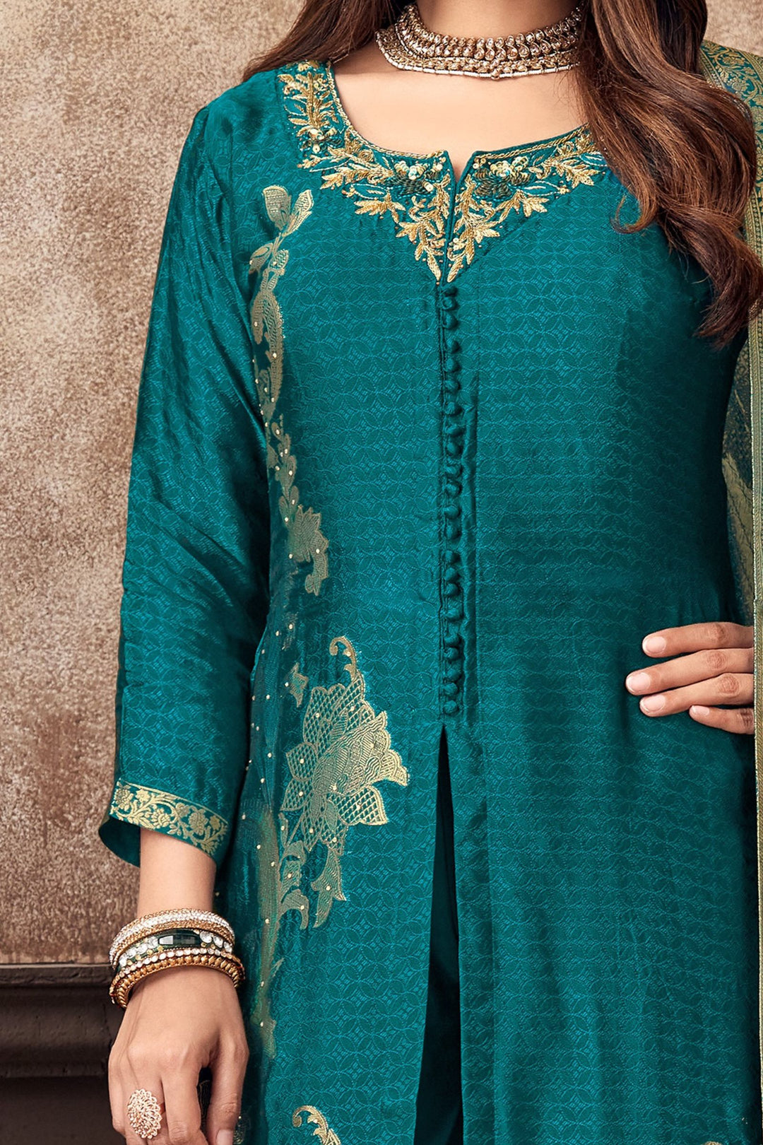 Rama Blue Banaras, Zardozi, Zari, Sequins, Stone and Jacquard work Palazzo Salwar Suit