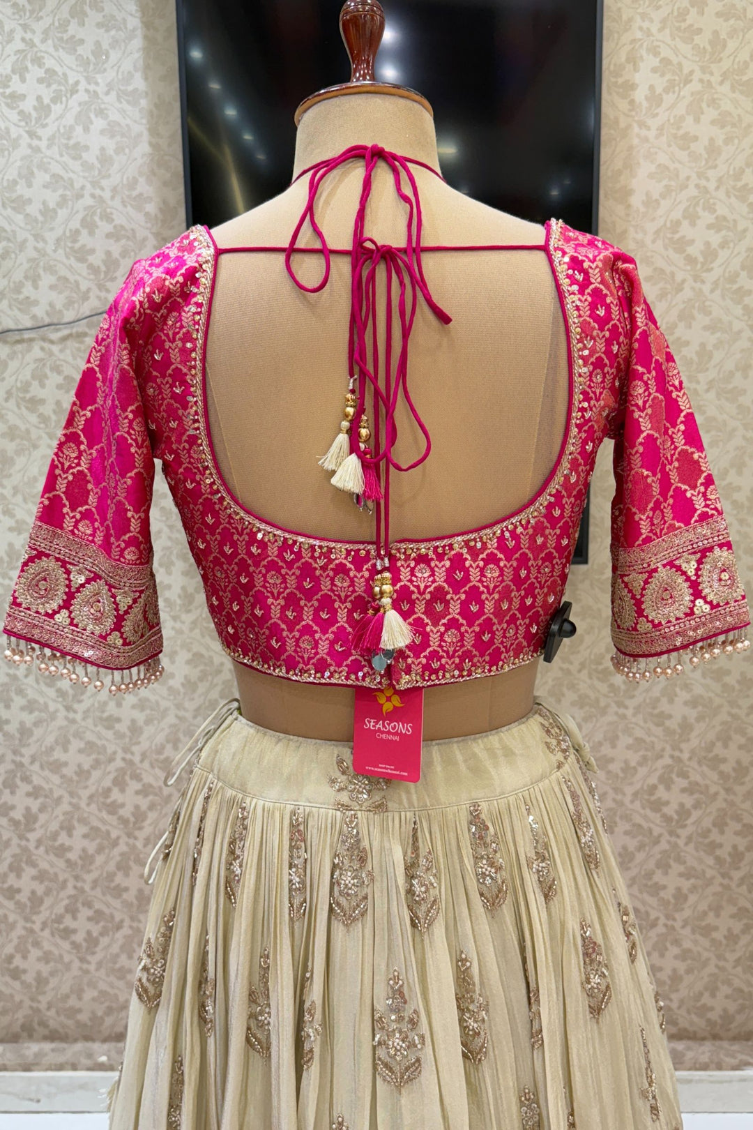Pink with Cream Beads, Sequins, Stone, Mirror, Zari and Banaras work Crop Top Lehenga