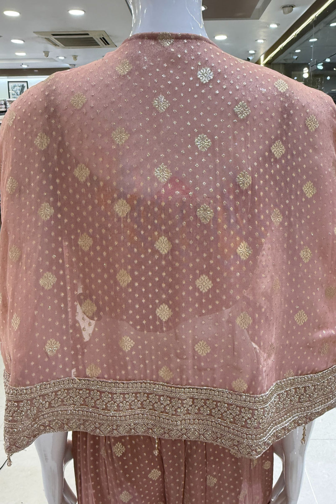 Peach Stone, Zari and Sequins work Crop Top with Overcoat Styled Palazzo Suit Set