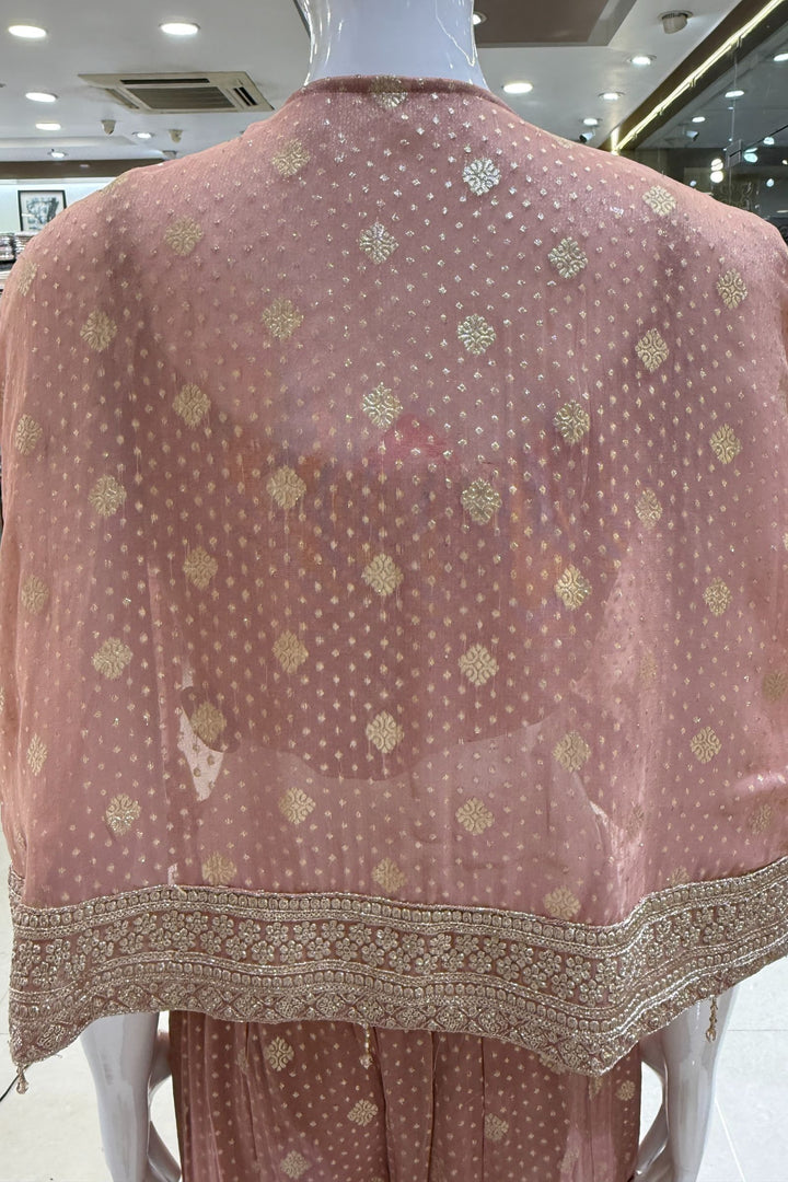 Peach Stone, Zari and Sequins work Crop Top with Overcoat Styled Palazzo Suit Set