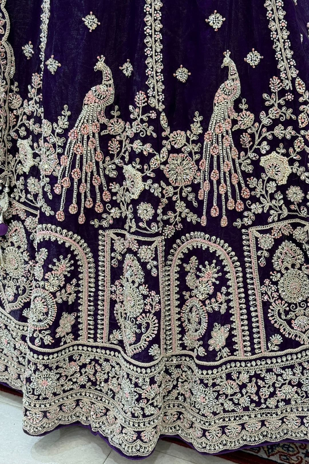 Purple Beads, Zari, Thread and Sequins work Crop Top Bridal Lehenga
