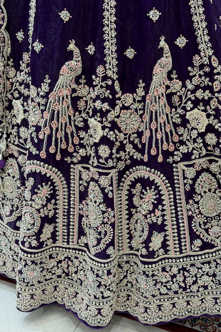 Purple Beads, Zari, Thread and Sequins work Crop Top Bridal Lehenga