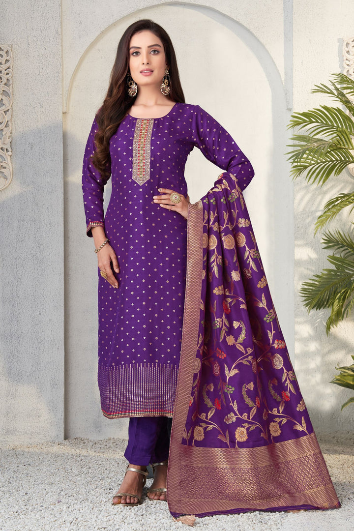 Purple Banaras, Beads, Zardozi and Sequins work Straight Cut Salwar Suit