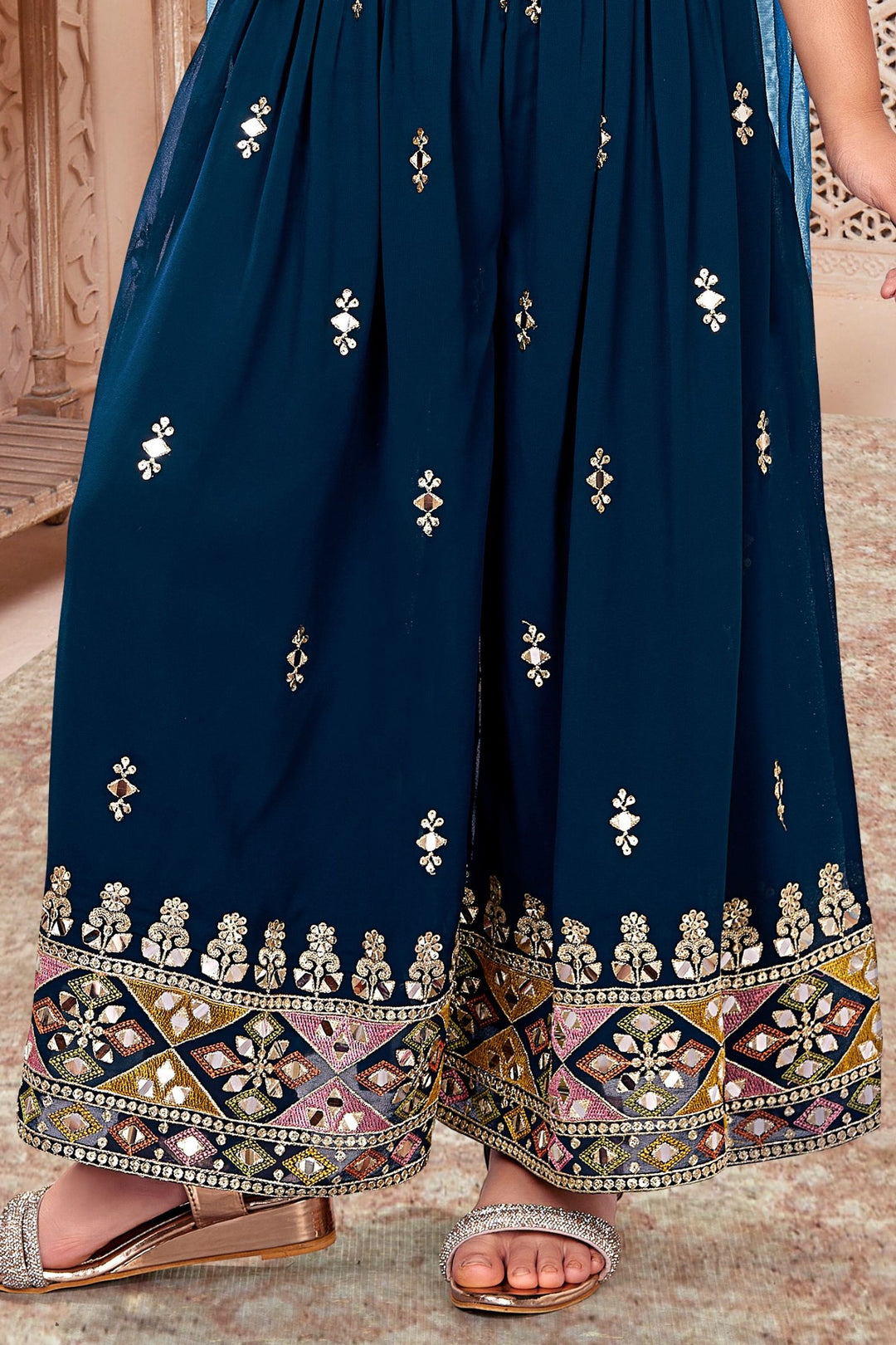 Teal Blue Sequins, Zari, Thread, Beads and Mirror work Palazzo Suit Set for Girls