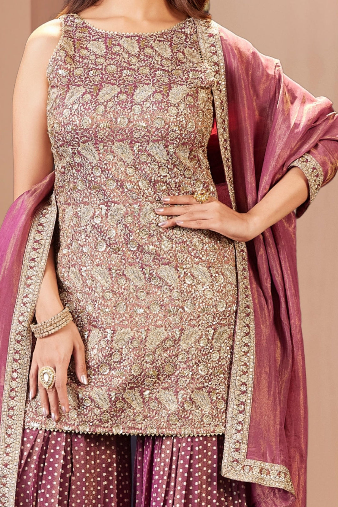 Onion Pink Sequins, Zari and Banaras work Sharara Salwar Suit