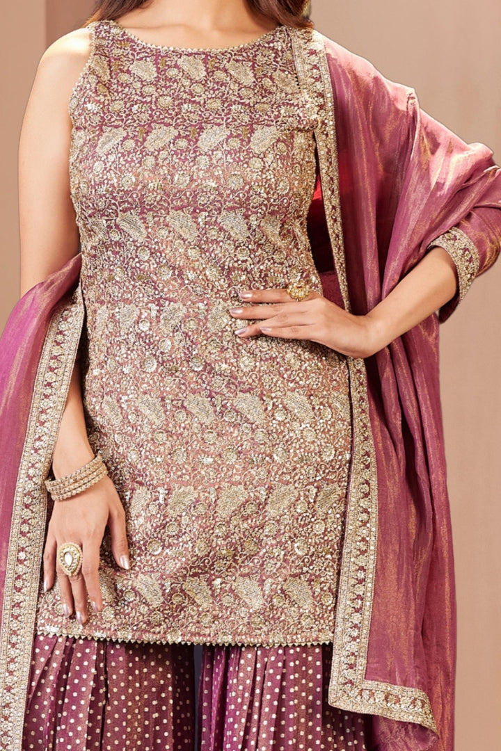Onion Pink Sequins, Zari and Banaras work Sharara Salwar Suit