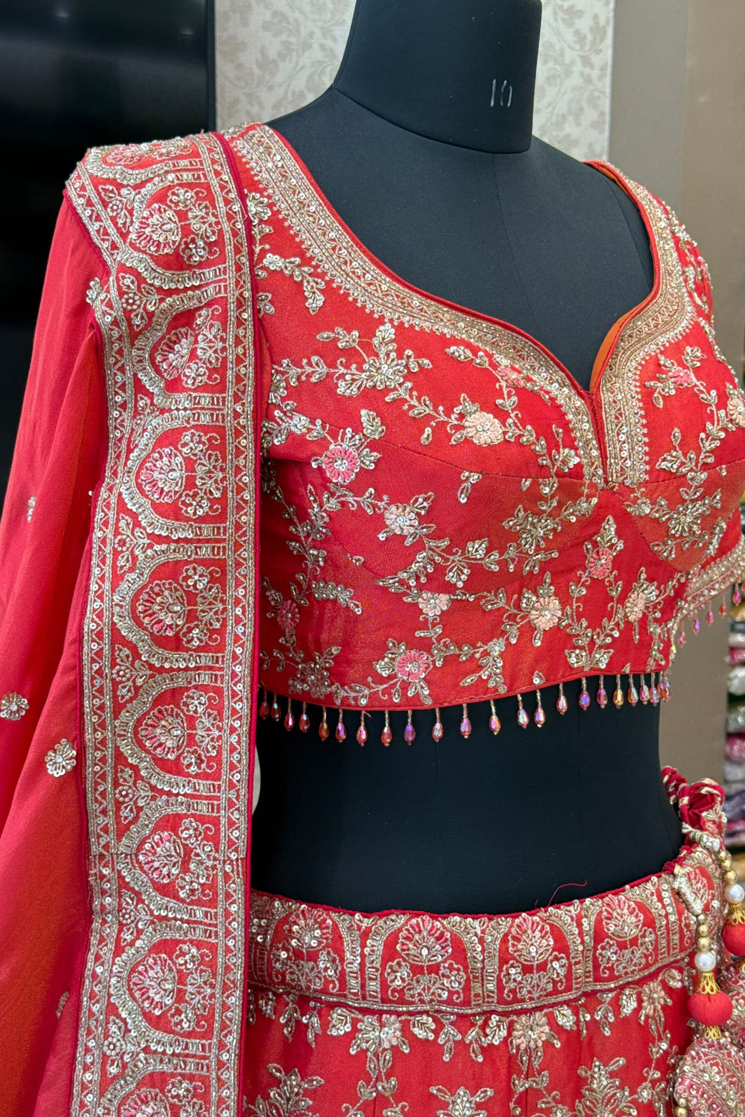 Tomato Red Beads, Zardozi, Sequins and Zari work Crop Top Designer Bridal Lehenga